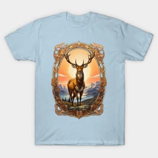 Majestic Deer with mountain sunset background retro vintage design T-Shirt